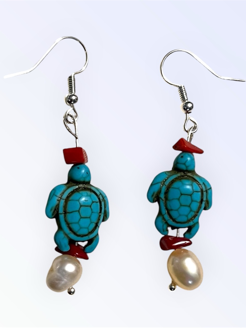 Handmade Turquoise Turtle Drop Earrings with Pearl and Coral Accents